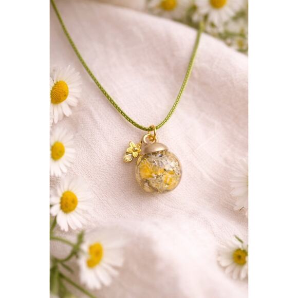 Hand Crafted Jewelry - Handmade Chamomile Resin Necklace 18” Green Cord Floral Pendant